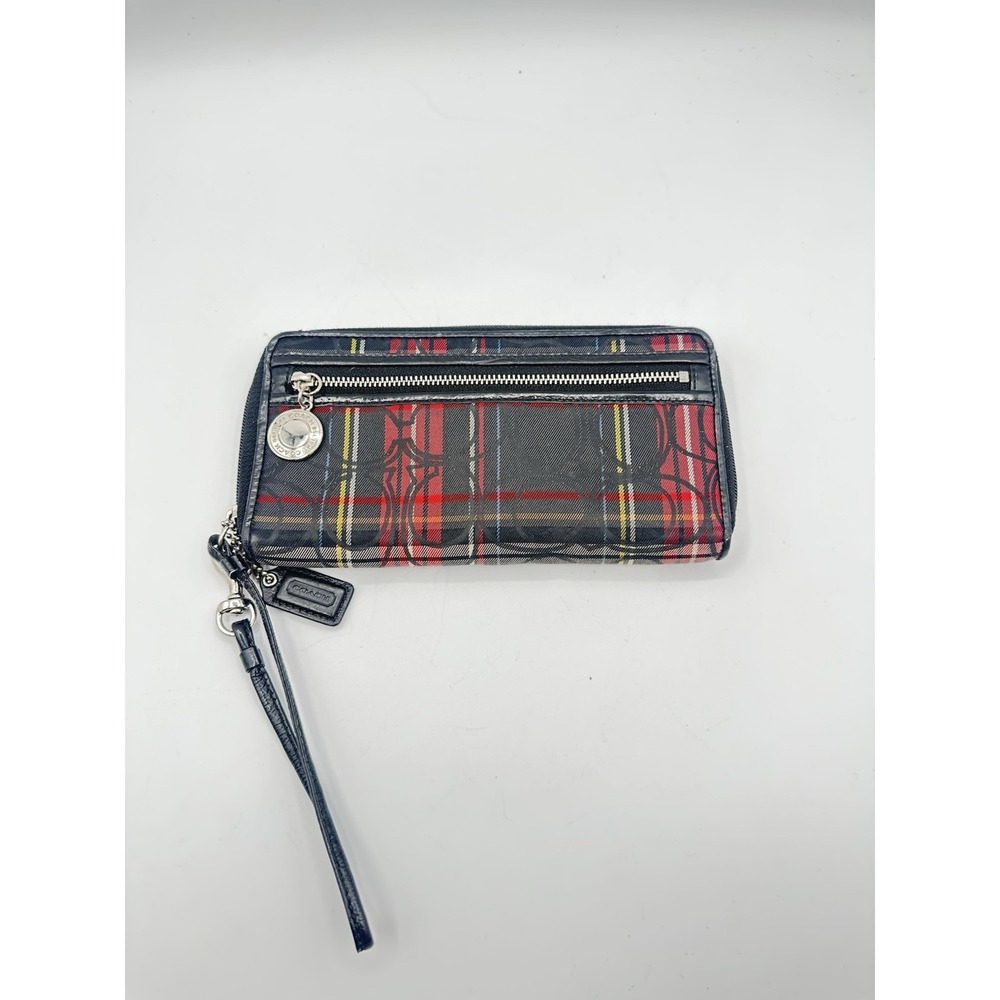 COACH Signature C Tartan Plaid Zip Around Wallet Wristlet Black Red